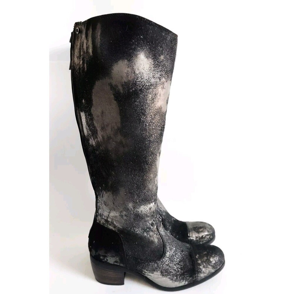 Frye Black‎ Pewter Metallic Leather Calf Hair Size 6 Knee High Tall Riding Boots - Picture 2 of 13